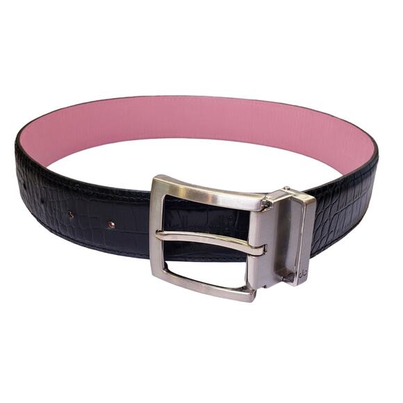 DRUH WOMEN'S Small Black w/Pink Lining CROCODILE LEATHER 1.5" BELT in VGUC - Picture 1 of 11